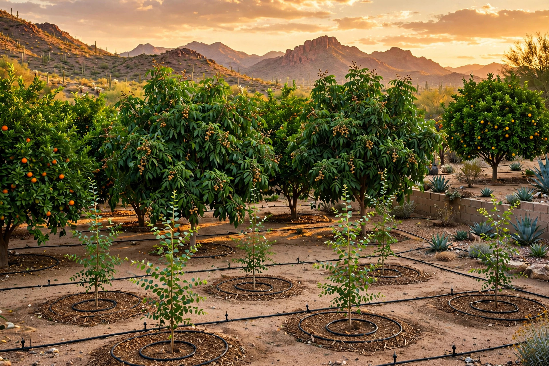 Lush tropical fruit tree garden in the Arizona desert at golden hour